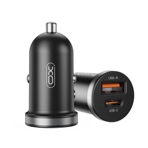 Încărcător auto mini din plastic XO CC56, cu un singur port A+C, 30W / Încărcător auto simultan 5V3A, negru