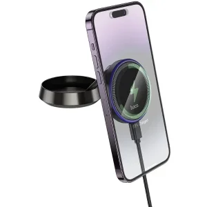 Hoco HW33 Suport auto magnetic cu inel metalic, încărcare rapidă wireless (consolă centrală), gri metalic