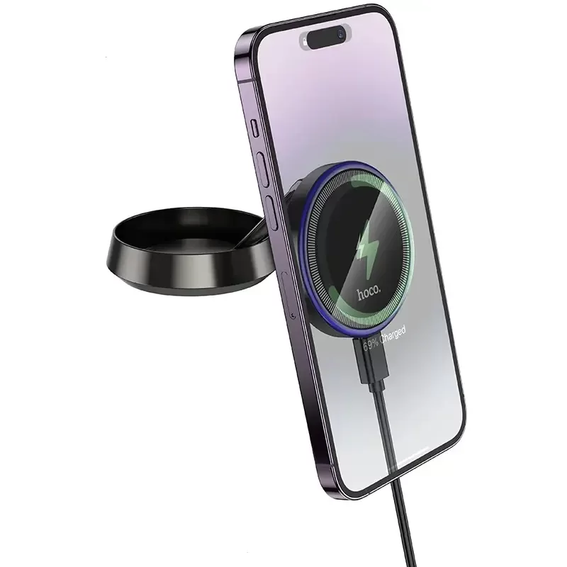 Hoco HW33 Suport auto magnetic cu inel metalic, încărcare rapidă wireless (consolă centrală), gri metalic