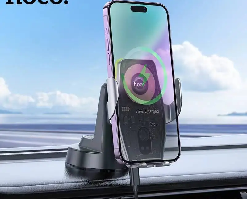 Suport auto Hoco HW27 Traveler cu încărcare rapidă wireless RGB cu infraroșu (consolă centrală) negru metalizat gri