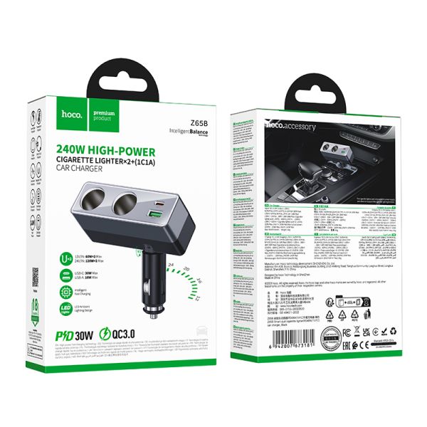Încărcător auto Hoco Z65B Smart brichetă dublă (PD48W/1A1C) negru - imagine 2