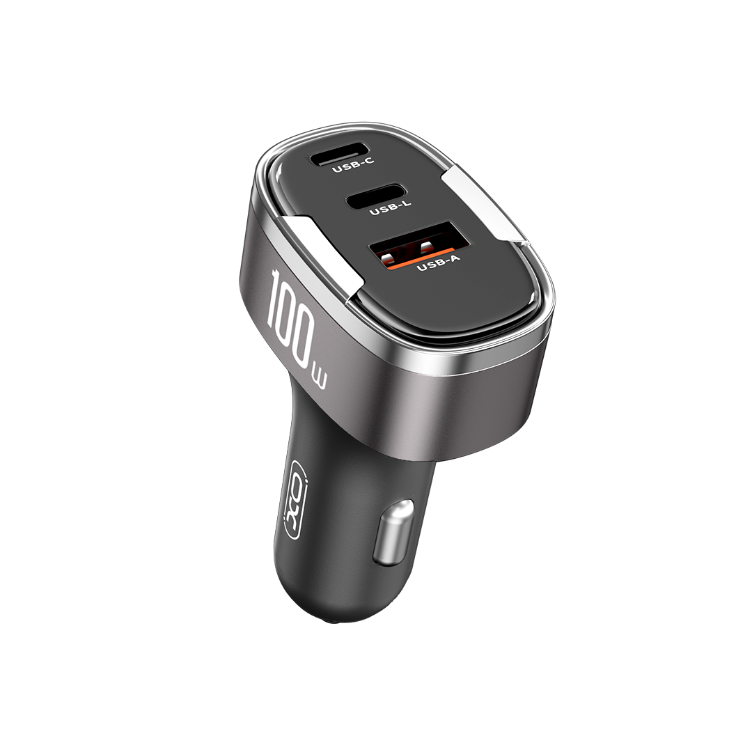 Încărcător auto inteligent XO CC61 (ieșire Apple) 100W / USB-A (30W) + Tip-C (45W) + Lightning (25W) Argintiu