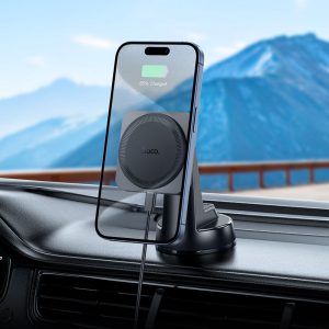 Suport auto magnetic Hoco HW16 Speed cu încărcare rapidă wireless (consolă centrală) negru metalizat gri