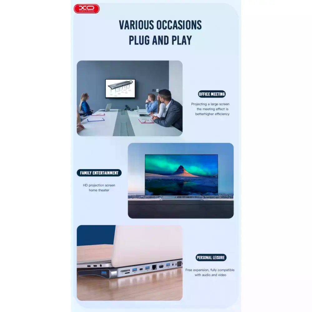 XO HUB010 12 in 1 Multifunctional Docking Station Tranish - imagine 6