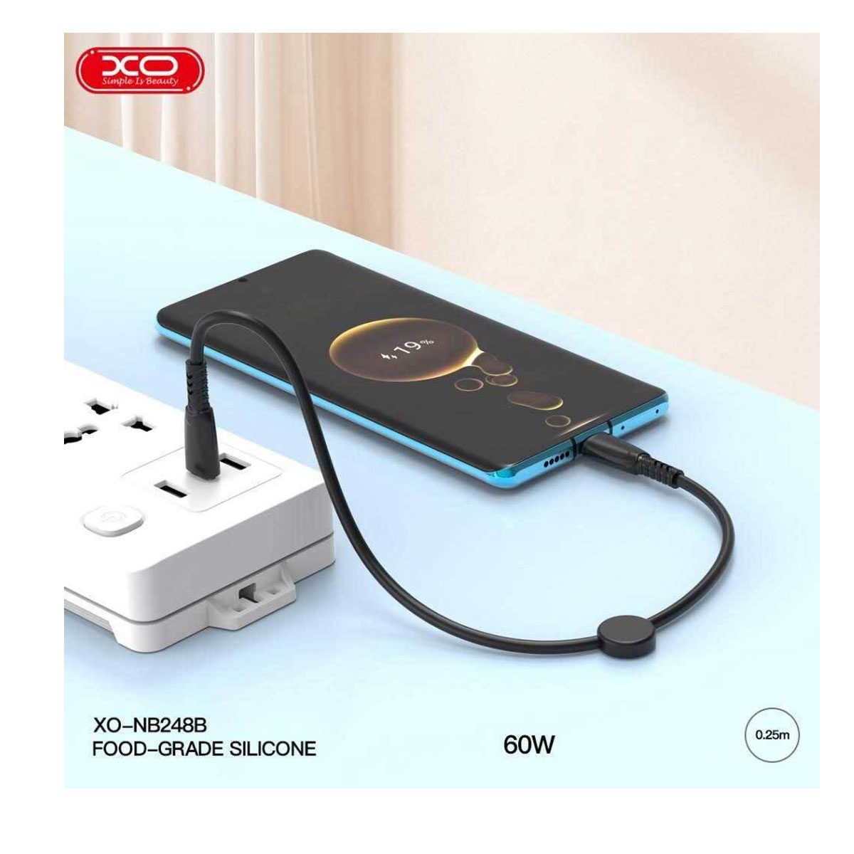 XO NB-Q248B Suluo Series Portable Silicone Type-c to Type-C 60W Data Cable L=25cm Strip Cable Black