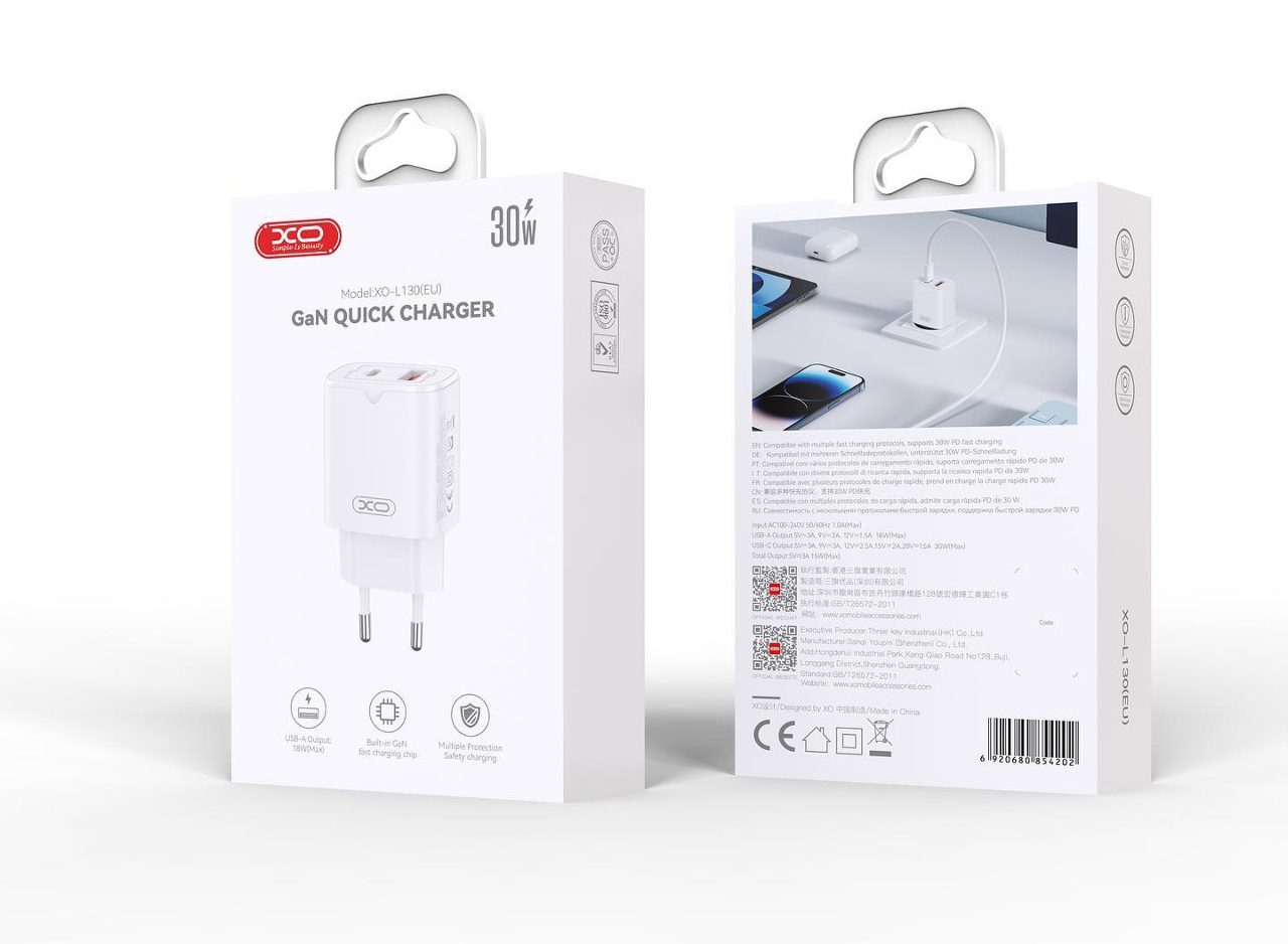 XO L130 (EU) European Standard PD30W/QC18W (1USB-C+1USB-A) Fast Chargers White - imagine 3