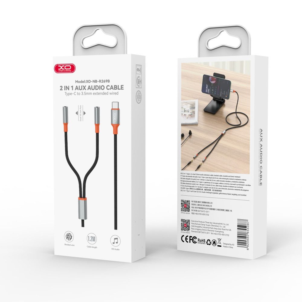 XO NB-R269B Couple Cable Type-c to Dual 3.5 Female Adapter 1.2m Black - imagine 5