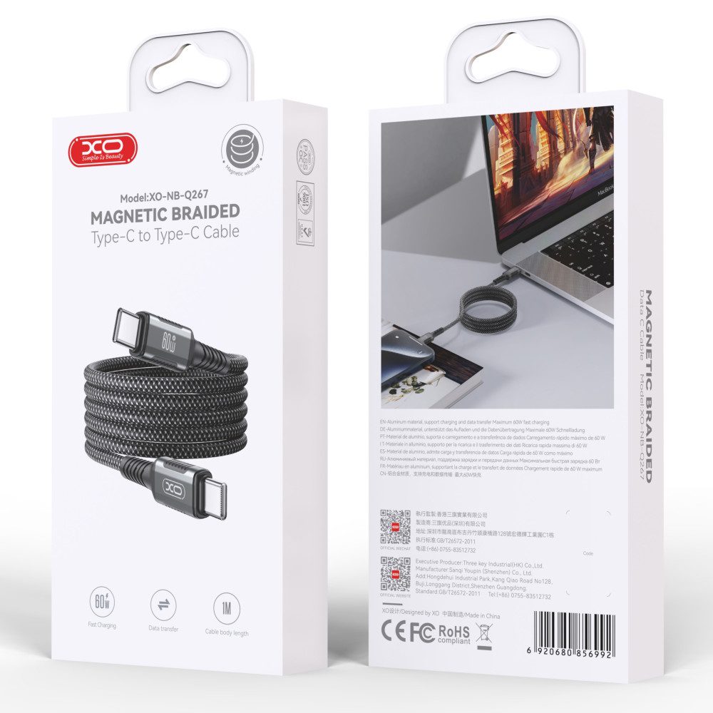 XO NB-Q267 Magnetic Braided Type-c to Type-c 60W Data Cable 1M Black - imagine 4