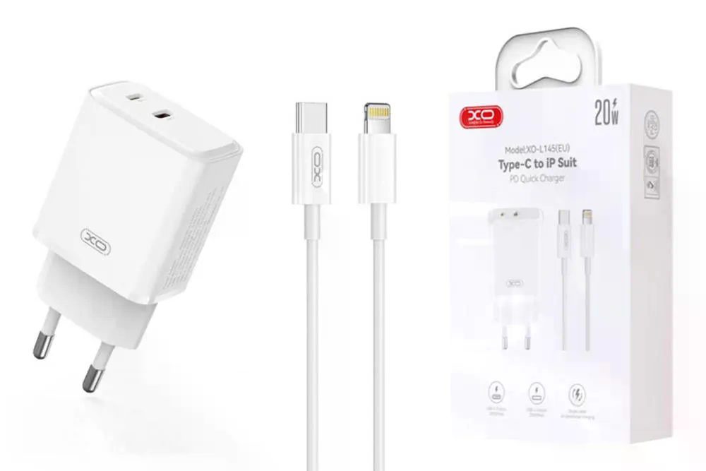 XO L145 20W USB-C+L Port Bi-directional Reverse Charger Fast Charger with C to iP Cable White - imagine 2