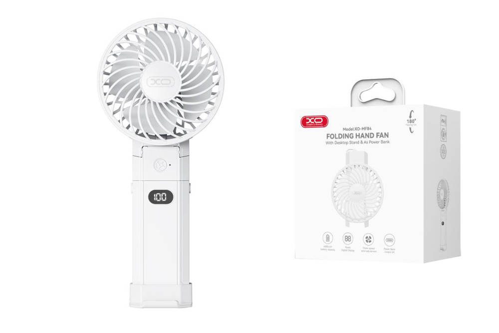 XO MF84 Charging Power Folding Handheld/Stand Fan 4000mAh White