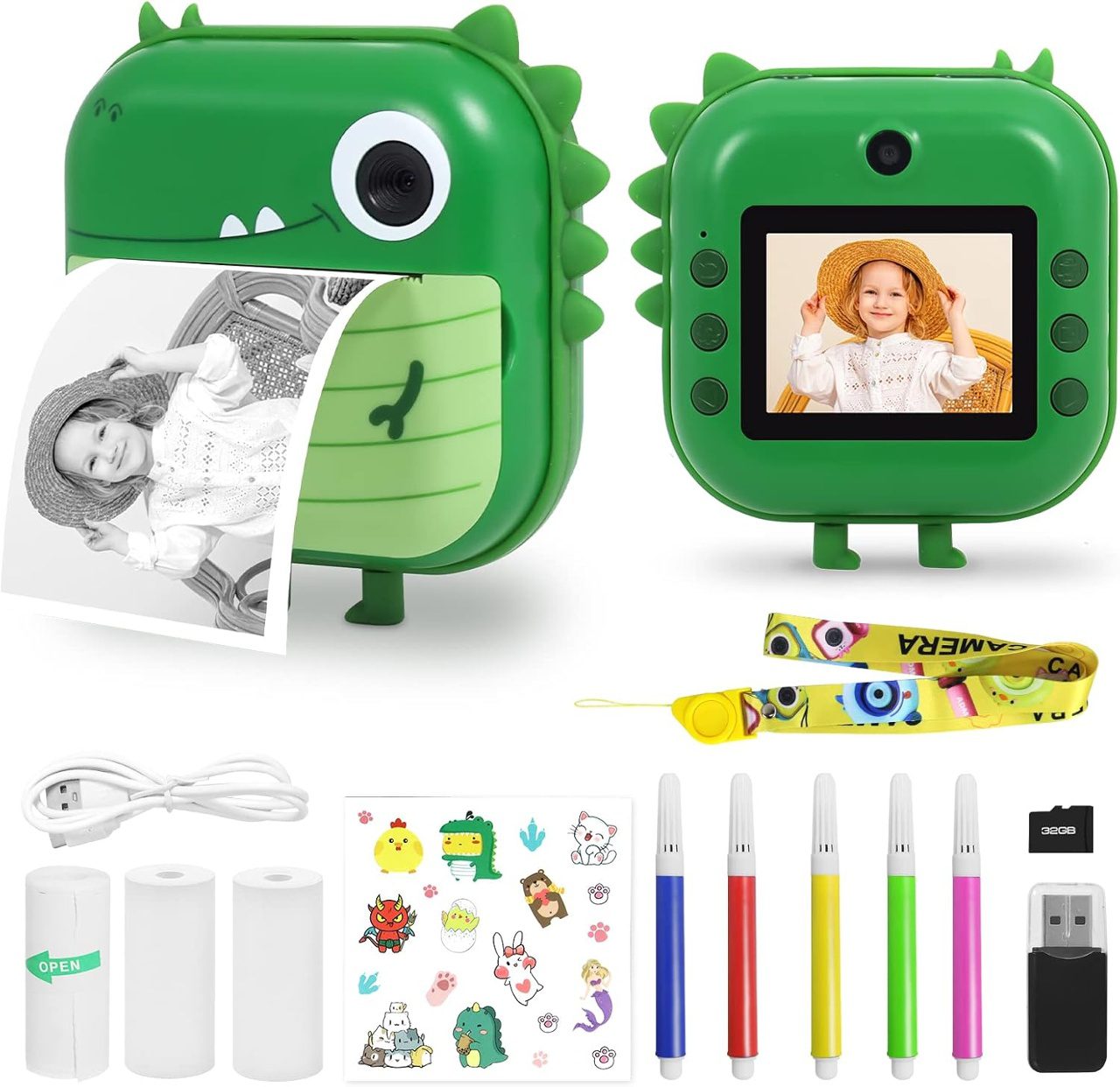 XO XJ05 front and rear dual camera children’s dinosaur silicone cover printing camera (Free 3 Rolls