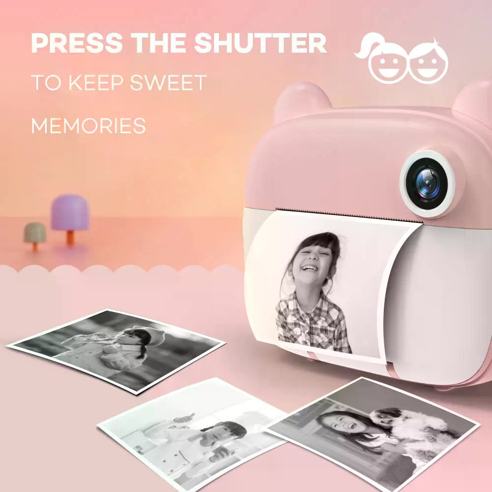 XO XJ04 front and rear dual camera children’s printing camera (Free 3 Rolls of Thermal Paper) pink