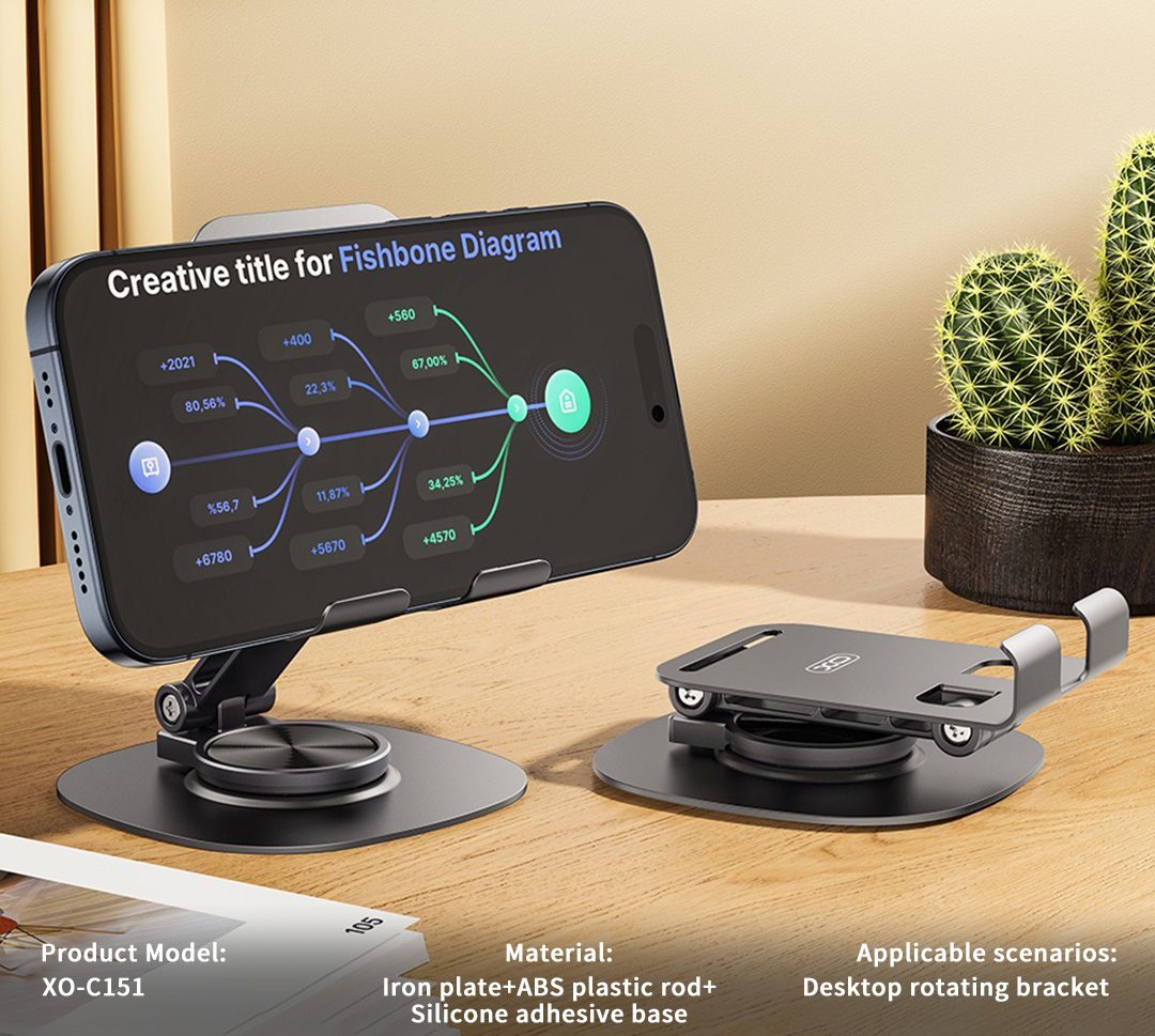XO C151 Metal 360° Rotating Desktop Cell Phone Holder Black - imagine 3