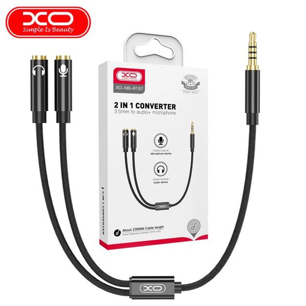 XO NB-R197 2 IN 1 3.5mm to audio+microphone converter Black - imagine 3