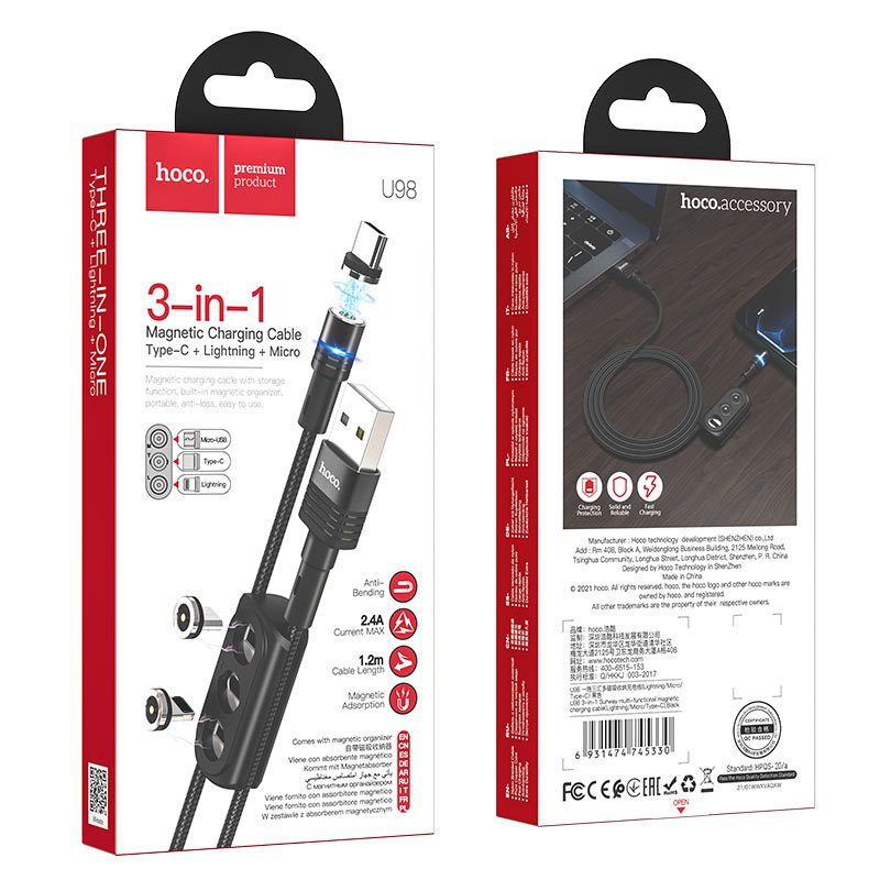 Hoco U98 3-in-1 Sunway multi-functional magnetic charging cable(Lightning/Micro/Type-C) - imagine 5