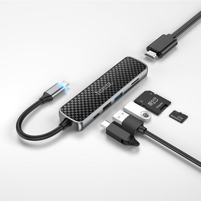 Hoco HB24 Easy display Type-C multifunction adapter(HDTV+USB3.0+USB2.0+SD+TF+PD) metal gray - imagine 3