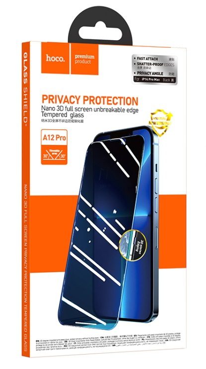 Hoco Nano 3D full screen edge privacy protection tempered glass for iP14 Plus/13 Pro Max(A12 Pro) bl - imagine 3