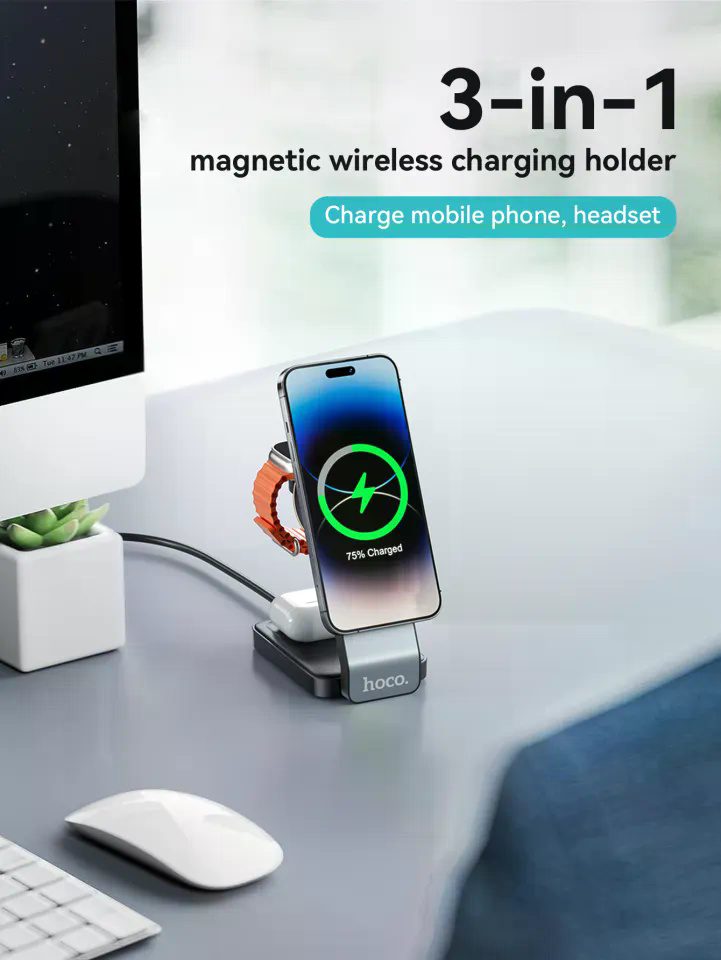 Hoco CQ3 Motorcycle folding 3-in-1 magnetic wireless fast charger black - imagine 3