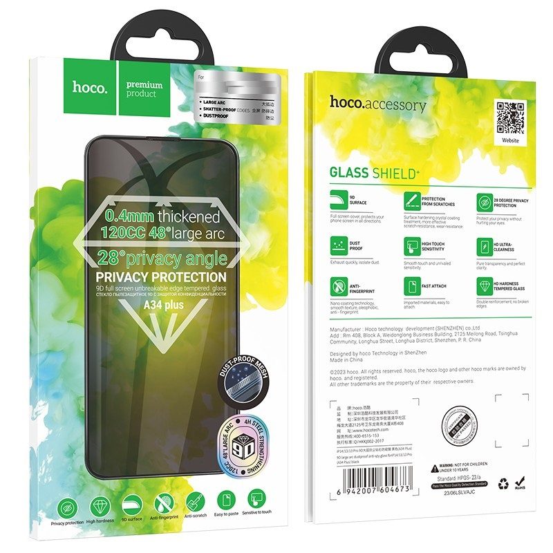 Hoco 9D large arc dustproof anti-spy glass for iP15 Pro Max(A34 Plus) black - imagine 3