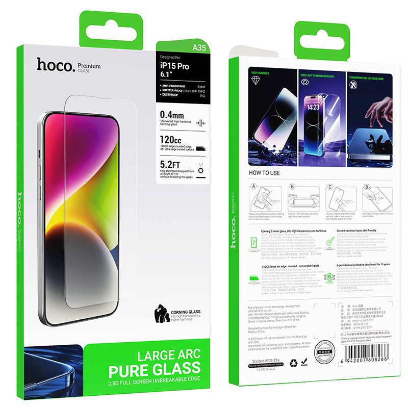 Hoco Corning original screen large arc edge tempered glass for iP15(A35) black - imagine 2