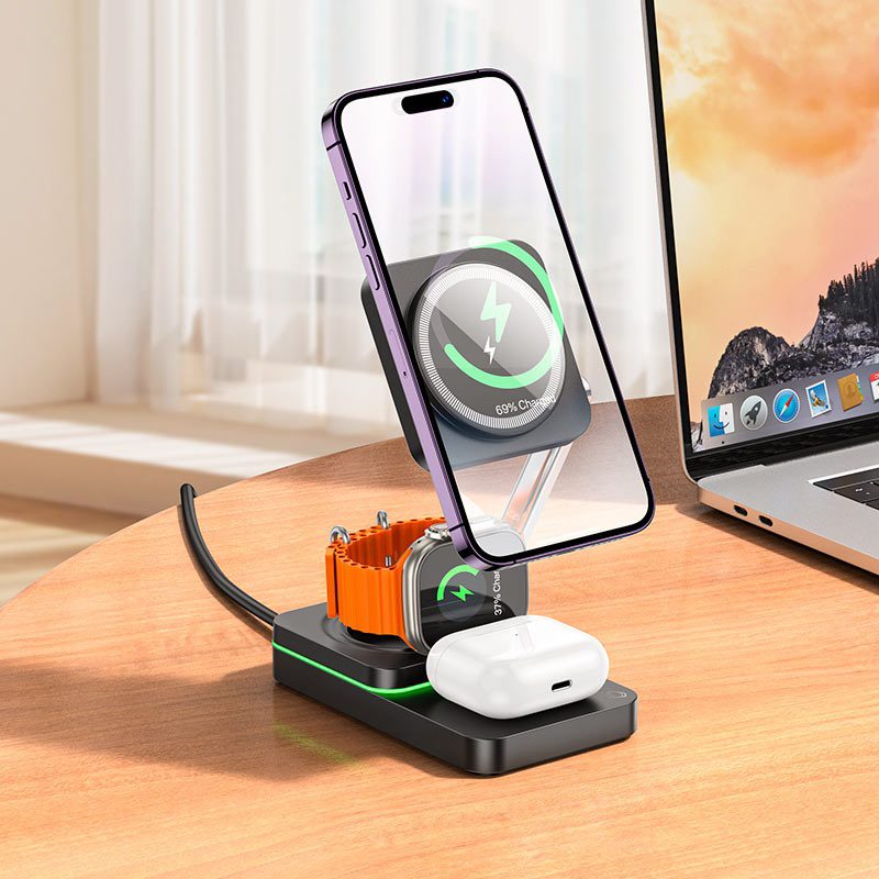 Hoco CQ10 Consuelo folding 3-in-1 wireless fast charger black - imagine 4