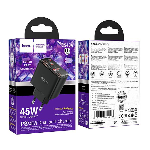 Hoco CS43A Smart PD45W(2C) charger(EU) black - imagine 2