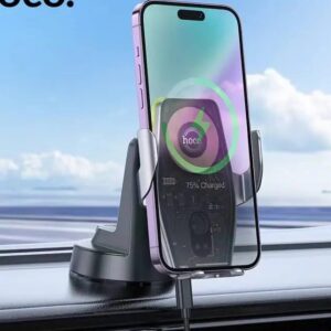 Hoco HW27 Traveler infrared RGB wireless fast charging car holder(center console) black metal gray