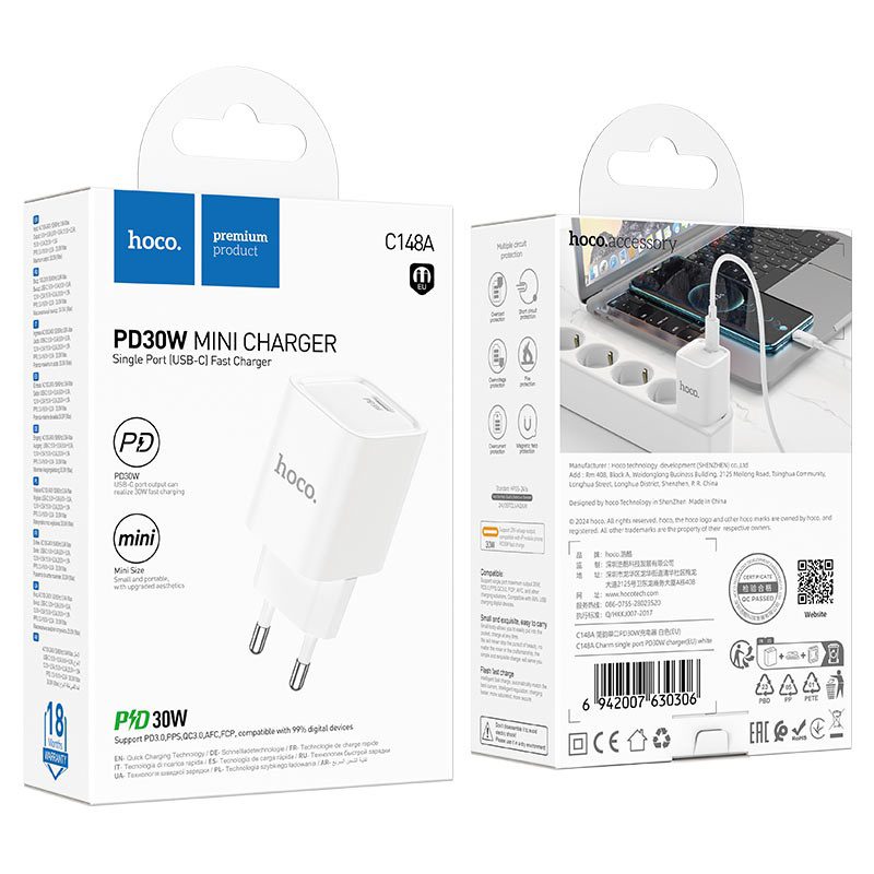 Hoco C148A Charm single port PD30W charger(EU) white - imagine 3