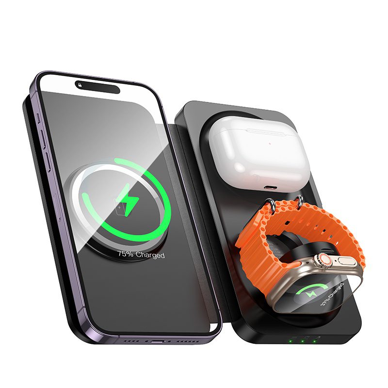 Hoco CQ13 Triumph 3-in-1 travel folding wireless fast charger black - imagine 2