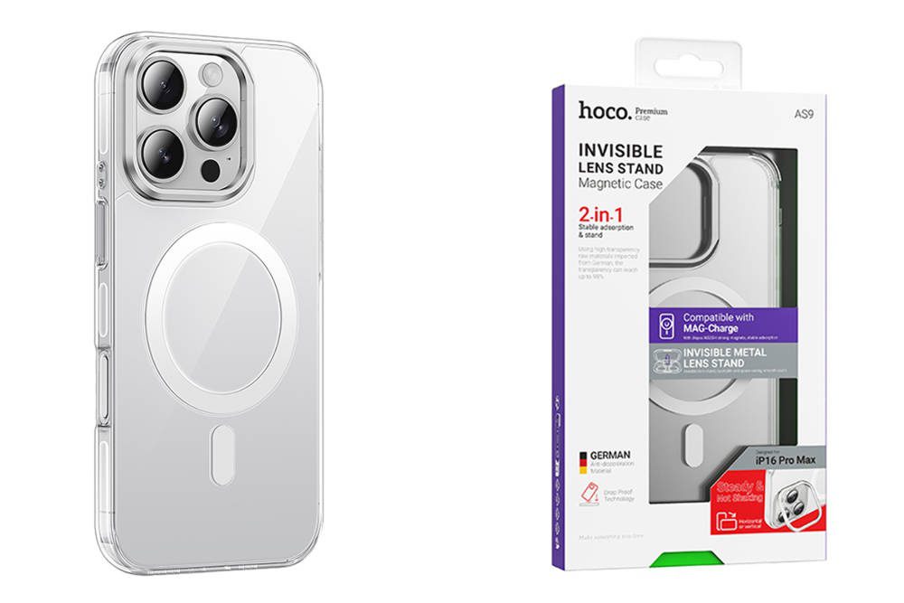 Hoco Invisible magnetic protective case with holder iP16 Pro Max(AS9) transparent black - imagine 3