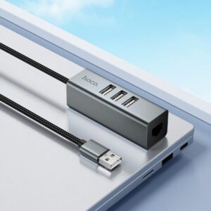 Hoco HB1D 4-in-1 converter(USB to USB2.0*3+RJ45) metal gray