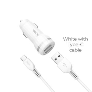 Hoco Z27 Staunch dual port in-car charger set(Type-C) white