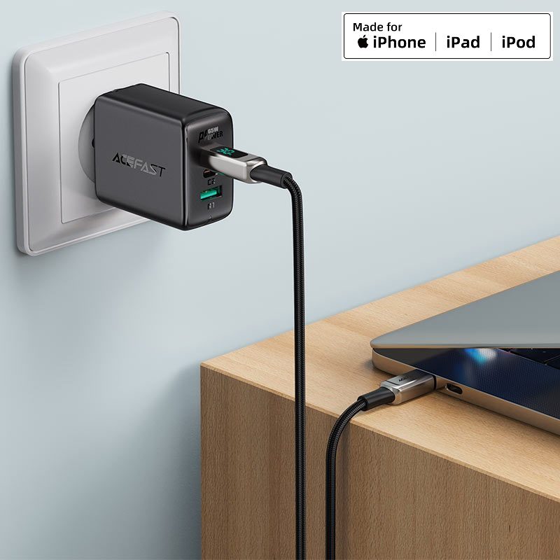 ACEFAST C6-01 USB-C to Lightning zinc alloy digital display braided charging data cable, black - imagine 3