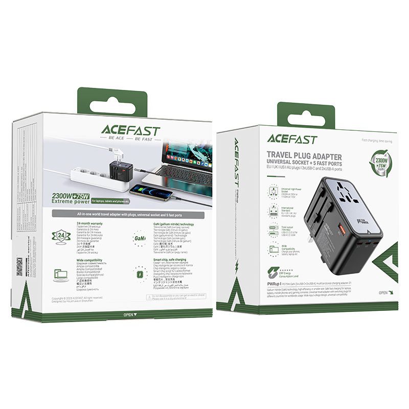 AceFast Z1 PD75W GaN (3*USB-C+2*USB-A) multifunctional charging adapter black gray - imagine 2
