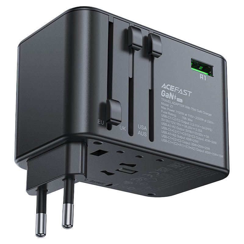 AceFast Z1 PD75W GaN (3*USB-C+2*USB-A) multifunctional charging adapter black gray