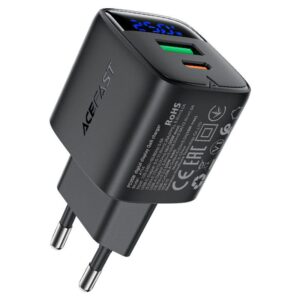 AceFast A114 PD25W GaN charger (USB-A+USB-C) with digital display (EU) black