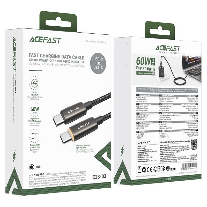 AceFast C23-03 USB-C to USB-C intelligent power-off charging data cable black - imagine 2