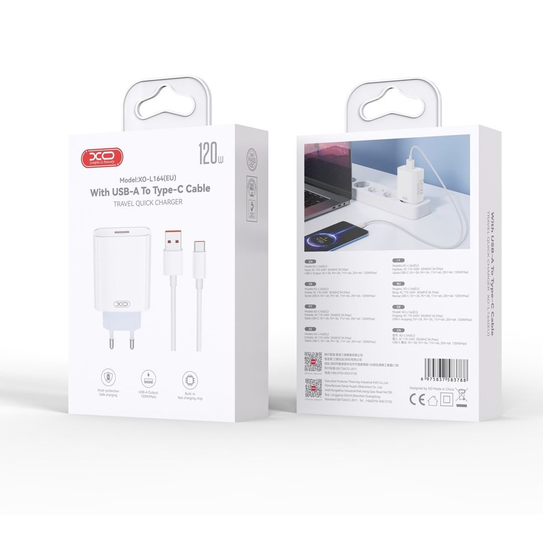 XO L164(EU) 120W Fast Charger for Xiaomi TYPE-C Kit (Factory Cable) White - imagine 2