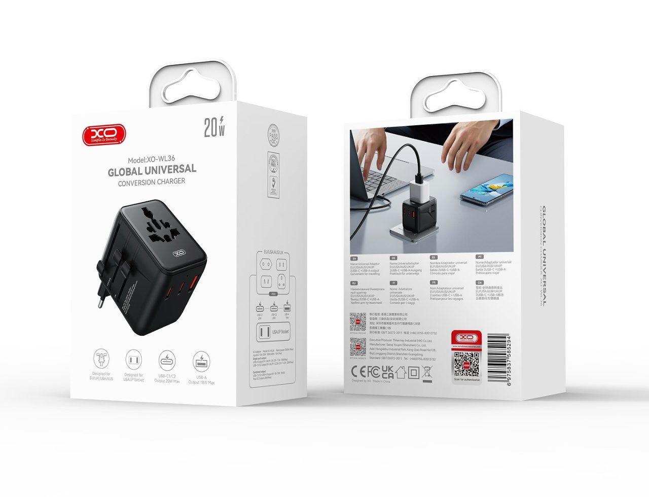 XO WL36 20W Universal Travel Converter Charger 2USB-C+1USB-A black - imagine 3