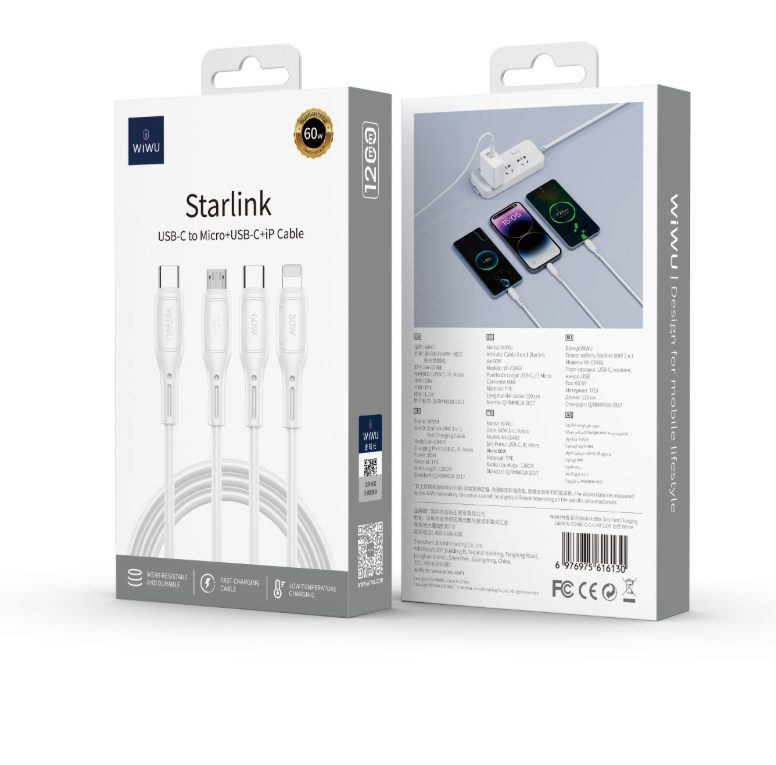 Wiwu Wi-C046E C-C+L+M USB-C 3in1 Starlink Series 3in1 Cable Black - imagine 3