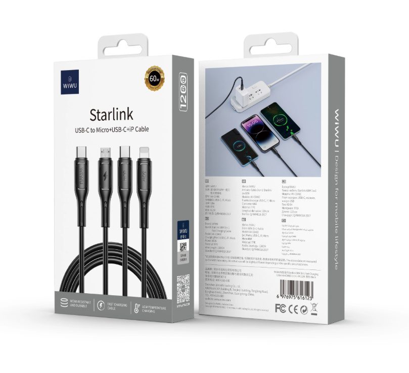 Wiwu Wi-C046E C-C+L+M USB-C 3in1 Starlink Series 3in1 Cable Black - imagine 4
