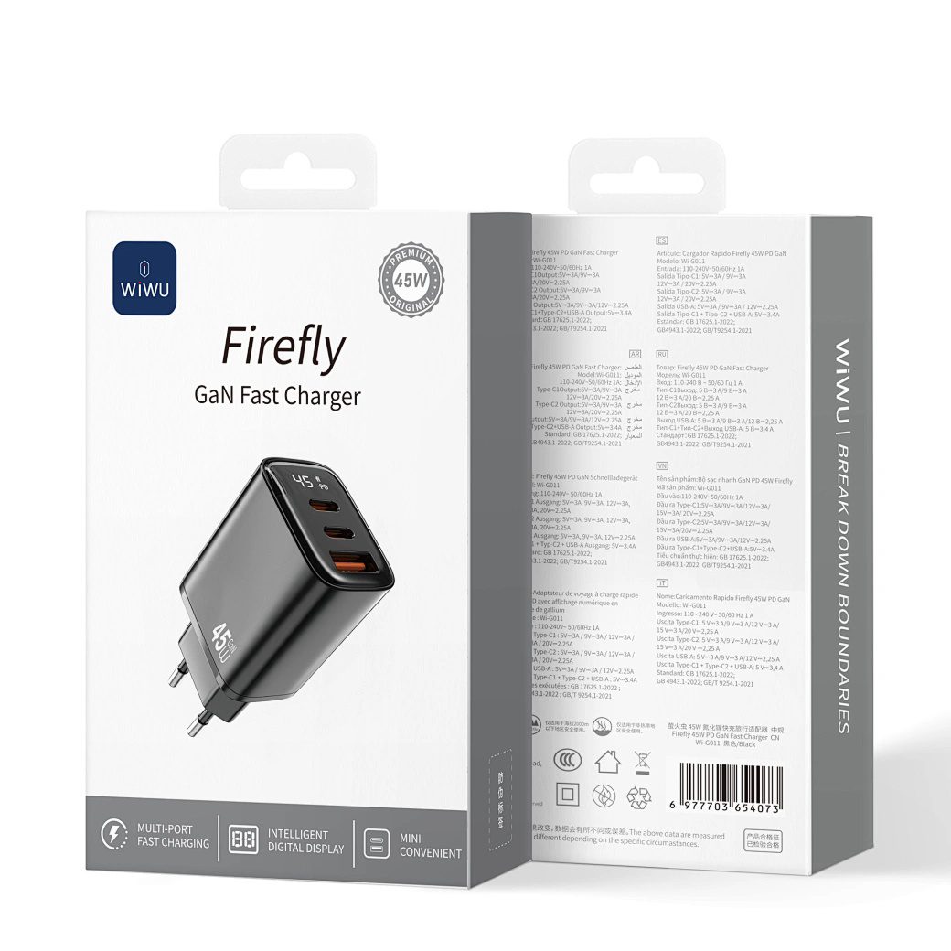 Wiwu 45W Firefly GaN Fast Charger 2C+1A with digital display Wi-G011 EU Black - imagine 2