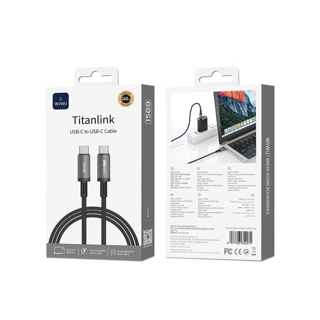 Wiwu 240W Titanlink Series Charging Cable 1.5M Wi-C058 C-C Grey - imagine 2