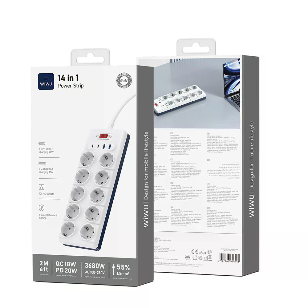 Wiwu 14 in 1 20W GaN Power Strip 2C+2A+10AC Wi-S008 EU 2M White - imagine 3
