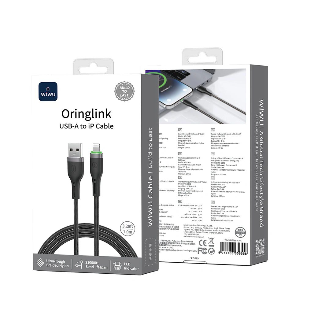 Wiwu 12W OringLink Series Nylon Braided Cable Wi-C068 A-L 1M Black - imagine 2
