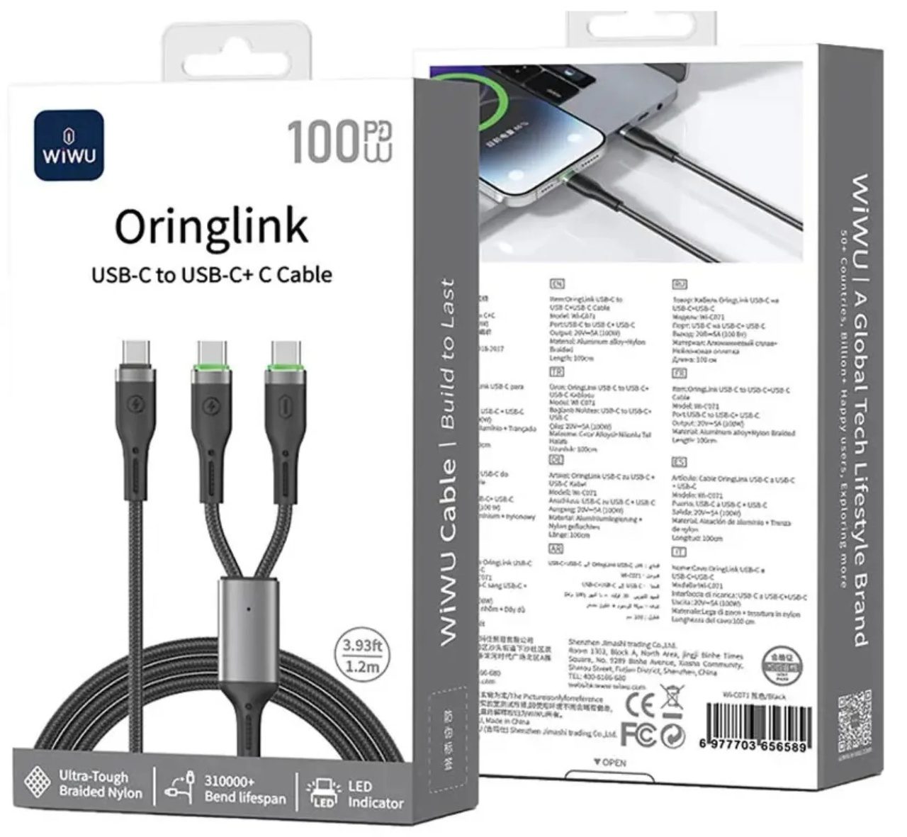 Wiwu 100W OringLink Series Nylon Braided Cable Wi-C071 C-C+C 1.2M Black - imagine 2