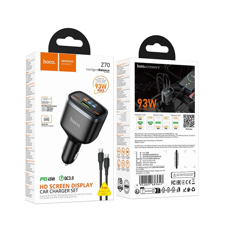 Hoco Z70 Speed PD93W(2C1A)car charger with TFT display(C to C) black - imagine 2