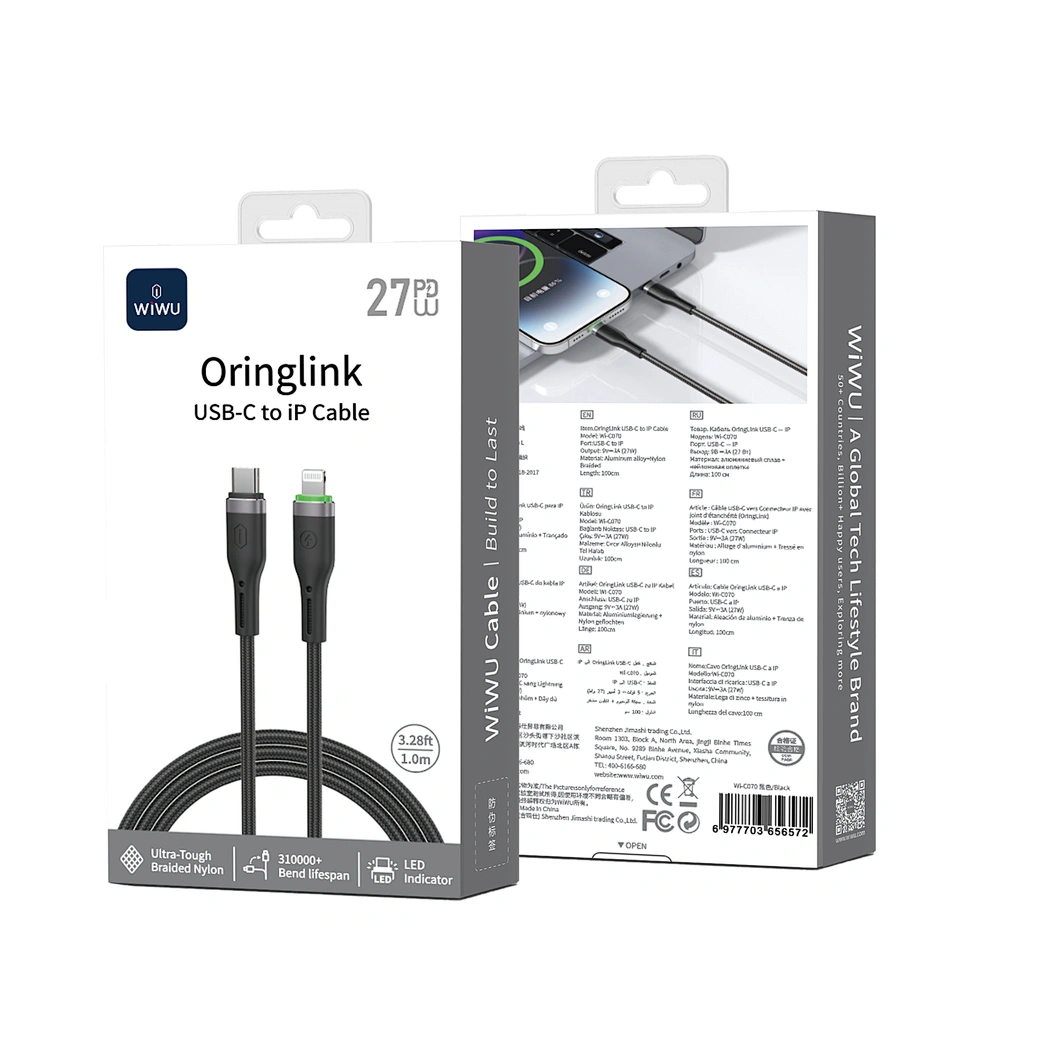 Wiwu 27W OringLink Series Nylon Braided Cable Wi-C070 C-L 1M Black - imagine 2