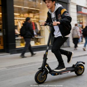 XO KM03 European Standard Adult Edition Folding Electric Scooter with Front and Rear Suspension + Scooter Bag + Stand + Combination Lock — Black with Yellow Accents