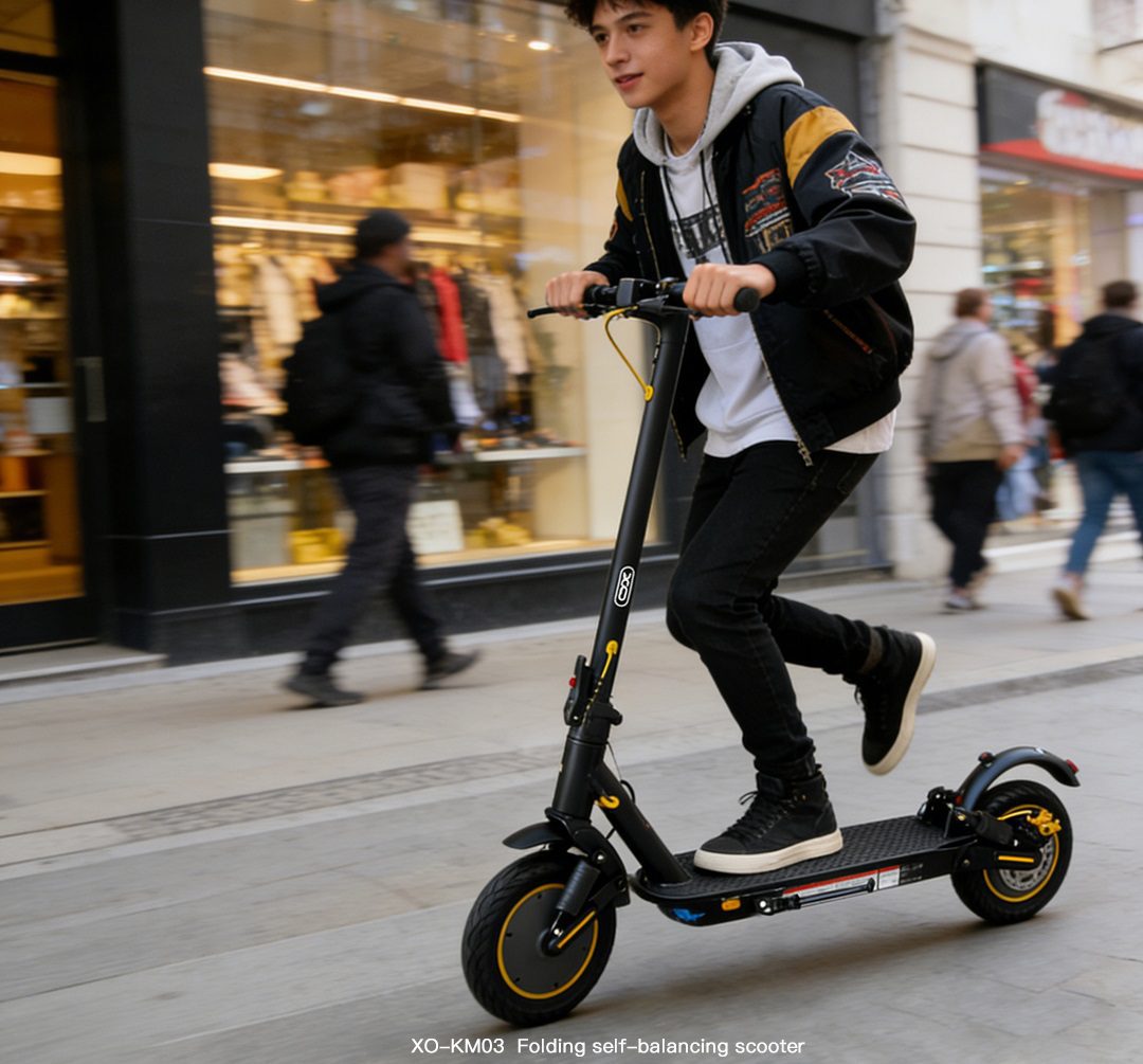 XO KM03 European Standard Adult Edition Folding Electric Scooter with Front and Rear Suspension + Scooter Bag + Stand + Combination Lock — Black with Yellow Accents